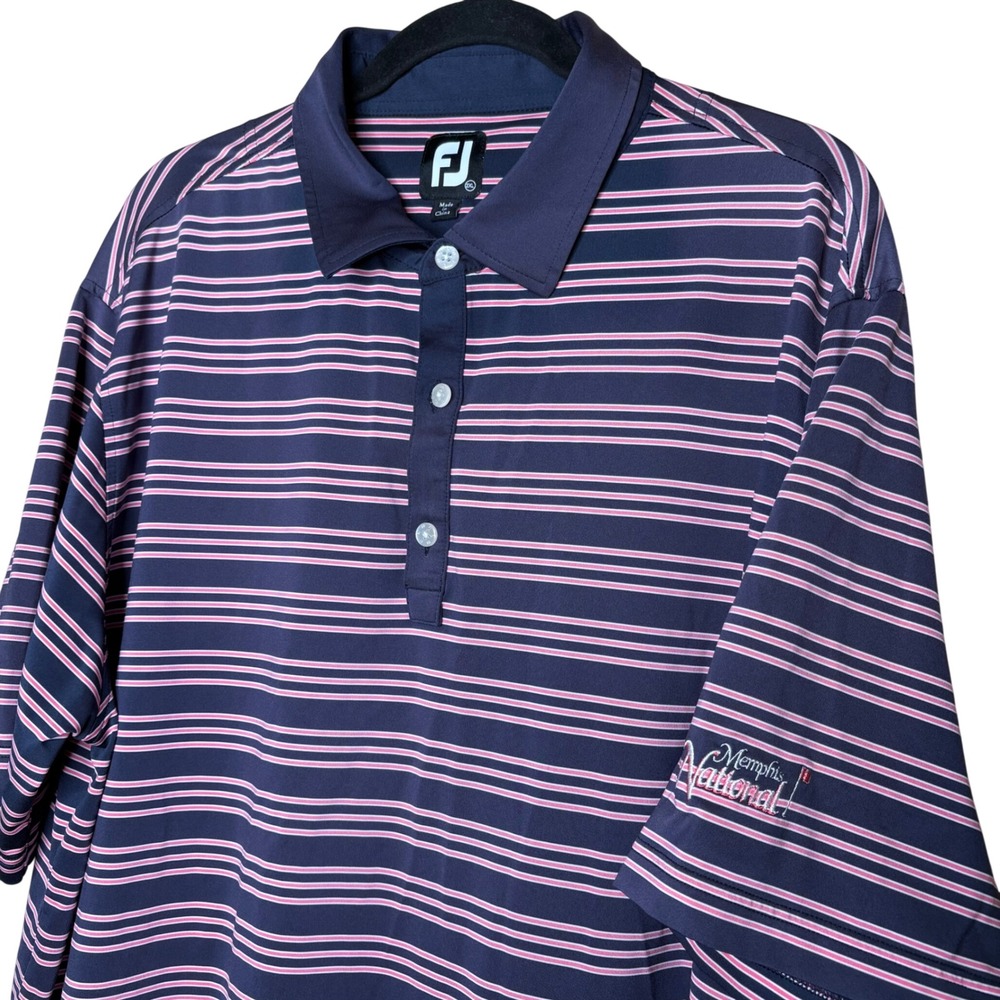 FootJoy Mens 2XL Navy Pink Striped Memphis National Golf Polo Shirt Short Sleeve